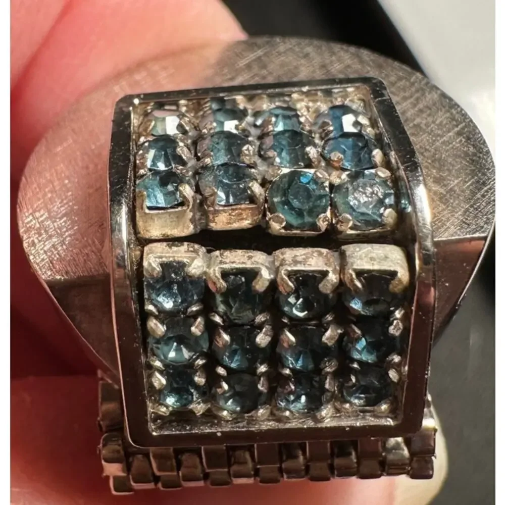 Vintage Cufflinks Tie Tac Set Blue Rhinestone Mesh Wrap Silver Tone retro